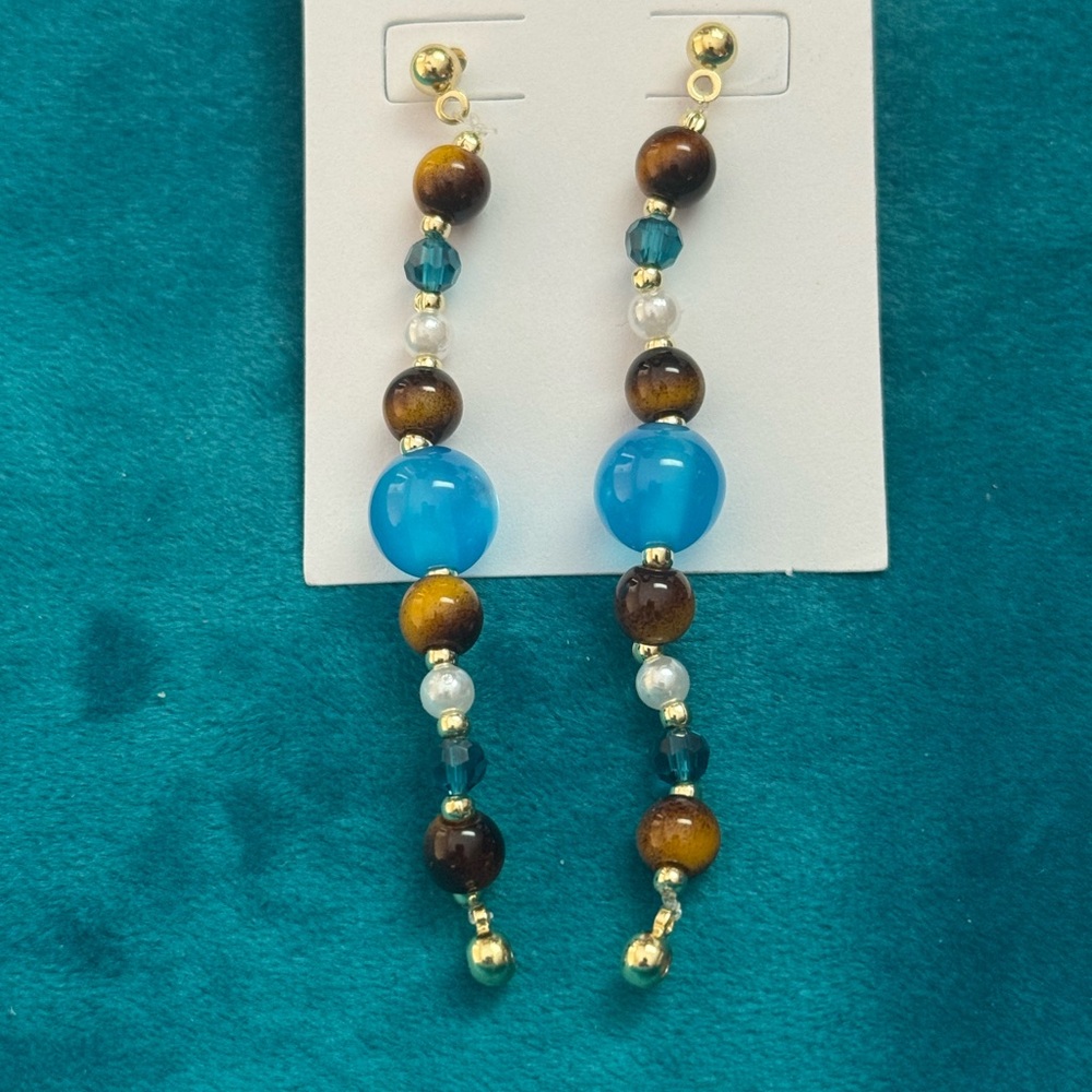 Blue Tortoise Multicolor Beaded Drop Earrings NEW